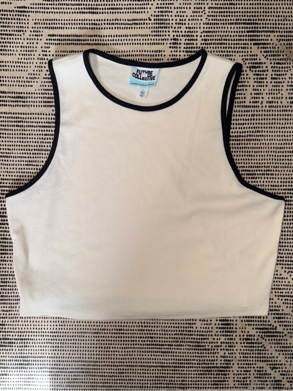 Cream White Ribbed Tank with Black Trim - Sleeveless Crop Top
